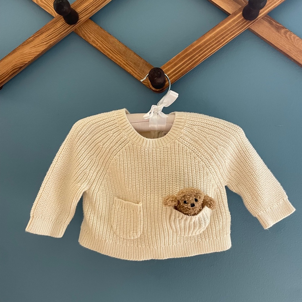 Cream Baby Knit Sweater with Teddy in Pocket